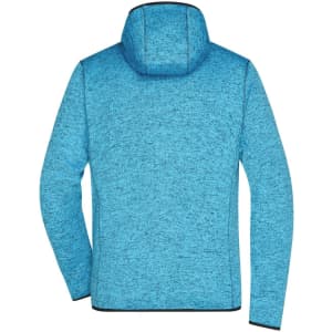 A blue knitted fleece hoodie with a hood, featuring a textured pattern and a black trim.