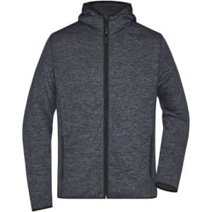 A men's knitted fleece hoodie in dark grey, featuring a zip front and a hood. It includes a logo on the chest.