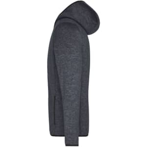 A grey knitted fleece hoodie with a hood, featuring side pockets and a simple design.