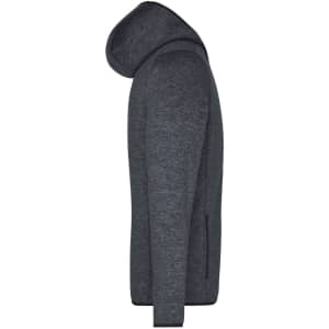 A grey knitted fleece hoodie with a side view, featuring a hood and front pockets. It has a logo.