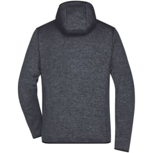 A grey knitted fleece hoodie featuring a hood and a simple design, with a logo present on the fabric.