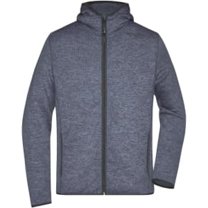 A men's knitted fleece hoodie in navy blue, featuring a zip closure and a hood, with a logo on the front.