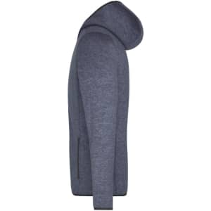 A grey knitted fleece hoodie with a side view, featuring a hood and pockets. It has a simple design and a logo.