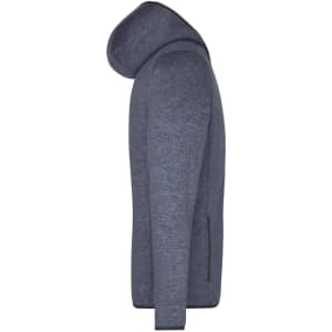 A men's knitted fleece hoodie in dark blue, featuring a hood and side pockets, with a logo on the chest.