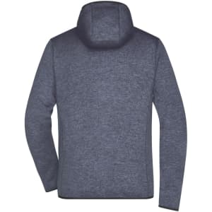 A men's knitted fleece hoodie in a navy blue hue, featuring a hood and a simple design with a logo.