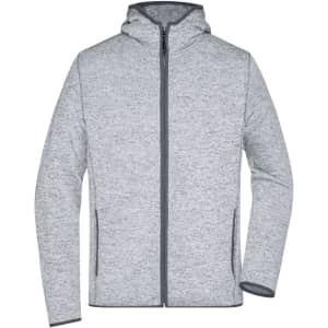 A men's knitted fleece hoodie in light grey with a zippered front and side pockets. Features a logo on the hood.