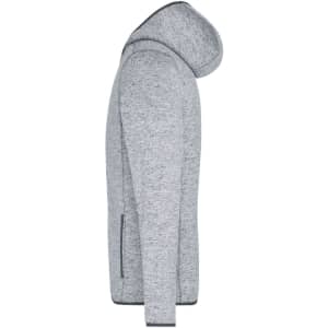 A grey knitted fleece hoodie with a hood, featuring side pockets and a sleek design. It has a visible logo.