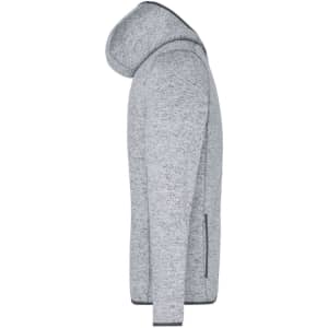 A grey knitted fleece hoodie with a hood, featuring a zip and side pockets. The product includes a logo.
