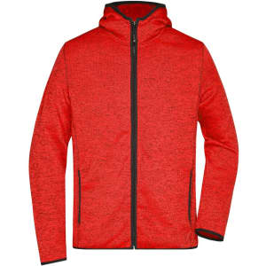 A red knitted fleece hoodie featuring a zip front and two side pockets, with contrasting black trim.
