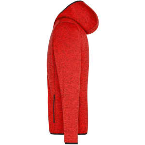 A red mens knitted fleece hoodie with a hood and side pockets, featuring a textured design and a logo.