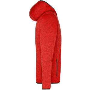 A red knitted fleece hoodie with a hood and side zip pockets, featuring a logo.