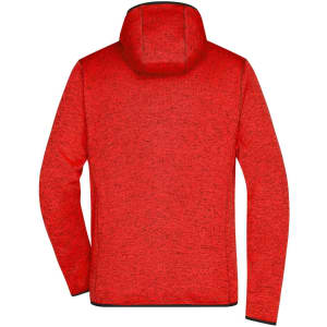 A red knitted fleece hoodie with a hood and long sleeves, featuring a branding logo.