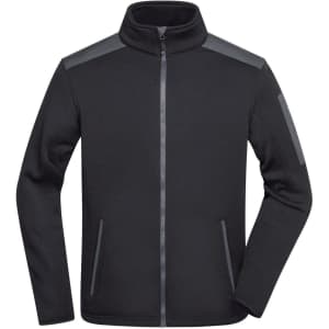 A black men's knitted fleece jacket with a zip front and grey shoulder accents. Features side pockets and logo branding.