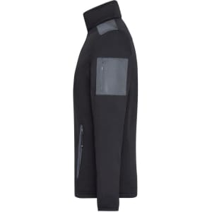 A men's knitted fleece jacket in black with grey panel accents and zippered pockets. It features a high collar and has a logo.