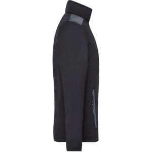 A men's knitted fleece jacket in black, featuring a high collar and side zip pockets. It has a logo on the shoulder.
