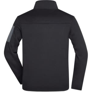 A black men's knitted fleece jacket featuring a high collar and a shoulder patch. The back view highlights a sleek design.