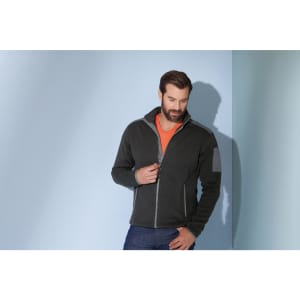 A men's knitted fleece jacket in dark grey with a contrasting collar, featuring a logo on the left sleeve.