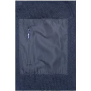 A navy mens knitted fleece jacket featuring a zippered pocket on the front. Includes a logo on the fabric.