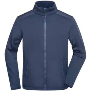 A men's knitted fleece jacket in navy blue with a zip front and two side pockets, featuring a logo on the sleeve.