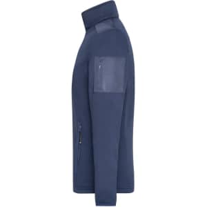 A navy men's knitted fleece jacket with a zip pocket on the sleeve and a logo on the chest.