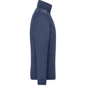 A men's knitted fleece jacket in navy, featuring a zip pocket and high collar, with branding visible.