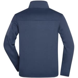 A navy blue men's knitted fleece jacket with a collar and a back yoke design. Features a logo on the back.