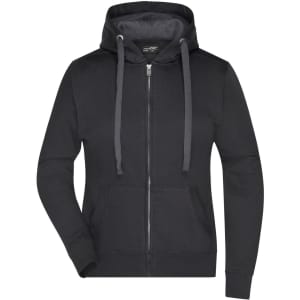 A black hooded jacket with a zip front and pockets, featuring contrasting grey drawstrings and a logo.