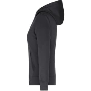 A ladies hooded puffer jacket in black, featuring a zip-up front and side pockets. It has a hood and a fitted design.