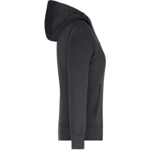 A ladies' hooded puffer jacket in black, featuring a fitted design and front pockets. It has a logo on the fabric.
