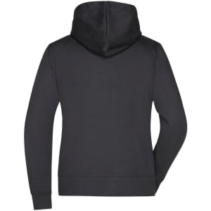 A black ladies hooded jacket featuring a solid design and a hood, with a logo on the back.