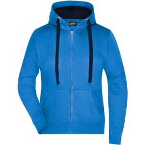 A blue hooded jacket with a zipped front, featuring a contrasting dark hood and drawstrings. It has a logo on it.