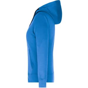 A side view of a blue ladies hooded jacket, featuring a front pocket and a logo.
