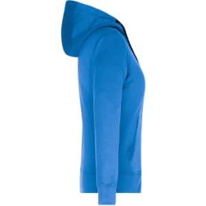 A blue ladies hooded jacket featuring a front zip and a logo on the chest. Ideal for casual wear.