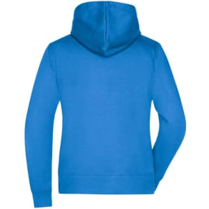 A hooded jacket in bright blue, featuring a back view with a large hood and long sleeves.