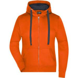 An orange ladies hooded jacket with a zip and contrasting navy inside. Features a logo and two front pockets.