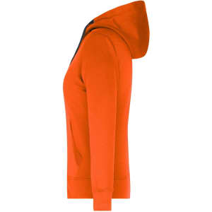 An orange ladies hooded jacket with a zip and pockets, featuring a sleek side profile and a hood.