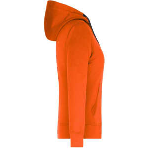 A ladies orange hooded jacket with a side view, featuring a front pocket and a logo on the chest.