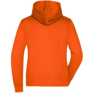 An orange ladies hooded jacket with a back view, featuring a hood and long sleeves.