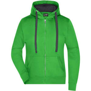 A bright green hooded jacket with a zip front and a contrasting dark grey hood. It features two side pockets and has a logo.