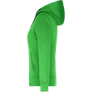 A green ladies hooded jacket featuring a full zip and front pockets, with a logo on the garment.