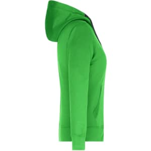 A green ladies hooded jacket featuring a front zip and side pockets. The jacket has a logo on it.
