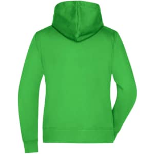 A green hooded jacket with a soft texture and a spacious hood, featuring a logo on the back.