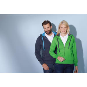 A green ladies hooded jacket with a blue trim, displayed alongside a grey jacket. Both models are wearing polo shirts.
