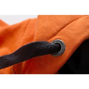 An orange hooded jacket with a black drawstring, featuring a branded metal eyelet.
