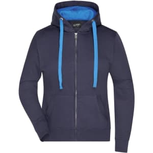 A navy ladies hooded jacket with a contrasting blue inner lining and drawstrings, featuring a zip closure and pockets.