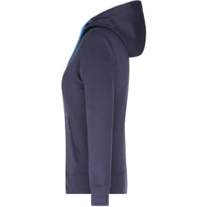 A navy ladies hooded jacket with a contrasting blue lining, featuring a front pocket and a logo on the side.