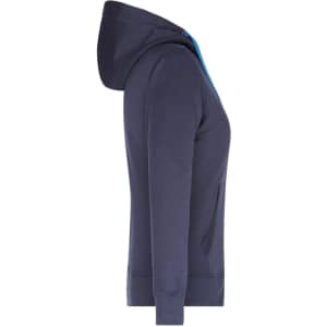 A navy ladies hooded jacket with a blue interior, featuring a front pocket and a logo.