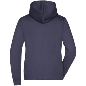 A navy blue ladies hooded jacket with a simple design and a logo on the back.