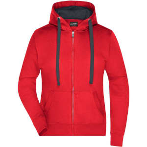 A red hooded jacket with a front zipper and pockets, featuring a contrasting dark navy interior.