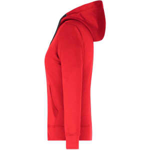 A red ladies hooded jacket featuring a front pocket and long sleeves, displayed from a side view.